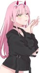  bangs black_jacket blunt_bangs choker collarbone commentary_request darling_in_the_franxx eyebrows eyebrows_visible_through_hair green_eyes highres horns jacket long_hair one_eye_closed pink_hair simple_background smile strap susukida_(sususabu0710) tongue white_background zero_two_(darling_in_the_franxx) 