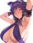  1girl absurdres animal_ear_fluff animal_ears arm_strap armpits arms_behind_head arms_up bangs bikini blush bracelet breasts criss-cross_halter halterneck highres jewelry kurowa large_breasts looking_at_viewer makoto_(princess_connect!) medium_hair open_mouth princess_connect! purple_bikini purple_hair sidelocks solo swimsuit wet white_background wolf_ears wolf_girl yellow_eyes 