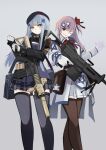  2girls arm_up assault_rifle bag bangs beret black_legwear bow chcn closed_mouth commentary_request eyebrows_visible_through_hair feet_out_of_frame girls&#039;_frontline gloves green_eyes grey_background gun h&amp;k_hk416 hair_between_eyes hair_bow hair_ornament hair_ribbon hairclip hat hexagram highres hk416_(girls&#039;_frontline) holding holding_gun holding_weapon imi_negev jacket long_hair looking_at_viewer messenger_bag military_jacket multiple_girls negev_(girls&#039;_frontline) one_eye_closed one_side_up pantyhose parted_lips pink_hair plaid plaid_skirt red_bow red_eyes ribbon rifle shoulder_bag simple_background skirt smile standing star_of_david teardrop thighhighs weapon white_gloves white_hair white_skirt 