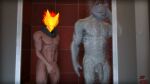  3d_(artwork) anthro balls burning_wolf_(fortnite) canid canine canis digital_media_(artwork) domestic_cat duo epic_games felid feline felis fortnite genitals hand_on_head hand_on_penis hi_res male male/male mammal meowscles_(shadow) muscular muscular_anthro muscular_male nude penis shower showering shy sky_chaser source_filmmaker video_games wet wolf 