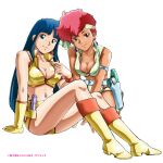 2girls absurdres blue_eyes blue_hair boots breasts cleavage copyright crop_top dirty_pair earrings gloves gun headband highres holstered_weapon jewelry kei_(dirty_pair) long_hair looking_at_viewer medium_breasts multiple_girls navel official_art photoshop_(medium) red_eyes red_hair short_hair short_shorts shorts simple_background single_glove smile weapon white_background yellow_gloves yuri_(dirty_pair) 