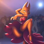  2022 anthro breasts canid canine canis claws cleavage clothed clothing conditional_dnp dancing depth_of_field diane_foxington dreamworks dress eyebrow_piercing facial_piercing female female_focus finger_claws fox fox-pop fur hi_res high_heels mammal mr._wolf_(the_bad_guys) orange_body orange_fur piercing solo_focus the_bad_guys wolf 