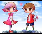  1boy 1girl animal_crossing bouquet brown_hair child cloud dress flower green_legwear heart pink_dress pink_hair red_shirt shirt shiwasuda_kuuu short_hair short_sleeves shorts sky t-shirt villager_(animal_crossing) 