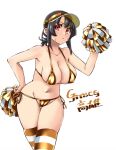  1girl bikini black_hair blush breasts cleavage cowboy_shot gold_bikini holding holding_pom_poms kantai_collection large_breasts looking_at_viewer micro_bikini pom_pom_(cheerleading) ponytail red_eyes short_hair side-tie_bikini simple_background skindentation solo string_bikini swimsuit takao_(kancolle) thighhighs udukikosuke yellow_legwear 