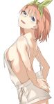  1girl ass bangs bare_arms bare_shoulders blush breasts brown_hair commentary_request eyebrows_visible_through_hair go-toubun_no_hanayome green_ribbon hair_between_eyes hair_ribbon head_tilt highres looking_at_viewer looking_to_the_side medium_breasts nakano_yotsuba open_mouth overall_skirt ribbon sideboob simple_background smile solo susukida_(sususabu0710) teeth upper_teeth white_background 