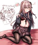  ! !! 1boy 2girls absurdres bed_sheet black_bra black_legwear black_skirt black_sweater blush bra breasts brown_hair clothes_lift english_commentary english_text eyebrows_visible_through_hair front-tie_bra girls&#039;_frontline heart highres long_hair multiple_girls one_side_up pantyhose peroronti s-head_commander scar scar_across_eye simple_background skirt small_breasts speech_bubble sweat sweater ump45_(girls&#039;_frontline) ump9_(girls&#039;_frontline) underwear yellow_eyes 