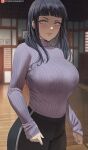  1girl bangs black_pants blunt_bangs blurry blurry_background blush breasts closed_mouth commentary covered_nipples eyelashes highres hyuuga_hinata indoors large_breasts long_hair long_sleeves naruto_(series) no_bra pants patreon_logo patreon_username shexyo sleeves_past_wrists solo sweater thick_thighs thighs turtleneck turtleneck_sweater web_address wide_hips wooden_floor yoga_pants 
