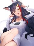  1girl ;o animal_ear_fluff animal_ears bangs bare_legs black_choker black_hair breasts brown_eyes choker hair_ornament hairclip hands_up highres hololive large_breasts long_hair long_sleeves looking_at_viewer lying multicolored_hair ninsaki_(9saki) off_shoulder on_back one_eye_closed ookami_mio open_mouth red_hair shirt sleeves_past_wrists solo streaked_hair very_long_hair virtual_youtuber white_background white_shirt wolf_ears 