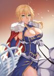  1girl absurdres ahoge artoria_pendragon_(fate) artoria_pendragon_(lancer)_(fate) bare_shoulders blonde_hair blue_gloves blue_leotard braid breasts cape cleavage cleavage_cutout clothing_cutout elbow_gloves fate/grand_order fate_(series) freed_turing french_braid fur-trimmed_cape fur_trim gloves green_eyes hair_between_eyes highleg highleg_leotard highres horse lance large_breasts leotard long_hair looking_at_viewer polearm red_cape rhongomyniad_(fate) sidelocks smile thighs weapon 