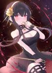  1girl bangs black_background black_dress black_gloves black_hair black_legwear blood blush breasts cleavage commentary cowboy_shot dagger dress earrings eyebrows_visible_through_hair fingerless_gloves flower gloves gold_earrings gold_hairband gradient gradient_background hairband highres holding holding_dagger holding_weapon jewelry knife large_breasts long_hair looking_at_viewer mikaze_oto necklace red_background red_eyes rose sleeveless sleeveless_dress solo spy_x_family thighhighs twintails weapon yellow_flower yellow_rose yor_briar 