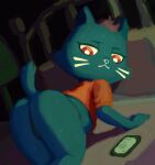 anthro bed bodily_fluids butt cellphone clothing domestic_cat felid feline felis female furniture hi_res mae_borowski mammal moitasart night_in_the_woods panties phone red_eyes smartphone solo sweat underwear video_games whiskers young 