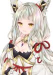  1girl animal_ears bangs breasts chest_jewel cleavage detached_sleeves highres long_hair low_twintails nanase_nao nia_(blade)_(xenoblade) nia_(xenoblade) simple_background small_breasts solo twintails very_long_hair white_background xenoblade_chronicles_(series) xenoblade_chronicles_2 yellow_eyes 