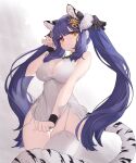  1girl 3: absurdres animal_ear_fluff animal_ears bangs blue_hair blunt_bangs breasts cleavage clothing_cutout commission covering covering_crotch cowboy_shot dress dress_tug eyebrows_visible_through_hair from_below garter_straps hair_ornament heart_cutout heterochromia highres horns kuzel_(bonolangje) large_breasts original paw_pose red_eyes ruthenium77&#039;s_character second-party_source short_dress sidelocks simple_background single_thighhigh solo tail thighhighs tiger_ears tiger_tail twintails white_dress white_legwear wristband yellow_eyes 