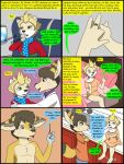  2017 3:4 anthro biped bottomwear canid canine clothing comic detailed_background dialogue duo english_text eyes_closed female fennec fox fur hair hi_res kammypup kammypup_(artist) male mammal pants shirt speech_bubble standing text topwear 