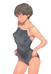  1girl armpits bangs bare_shoulders breasts brown_eyes clothes_pull commentary_request covered_navel covered_nipples cowboy_shot grey_hair grey_swimsuit head_tilt lips looking_at_viewer one-piece_swimsuit original pulled_by_self short_hair simple_background small_breasts smile solo swimsuit swimsuit_pull takeda_sun tan tanlines thighs white_background 