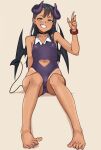  1girl bare_legs barefoot black_hair blush breasts choker clothing_cutout dark-skinned_female dark_skin demon_girl demon_horns demon_tail demon_wings ear_piercing fangs feet full_body grin heart heart_cutout highleg highleg_leotard highres horns ijiranaide_nagatoro-san leotard long_hair looking_at_viewer nagatoro_hayase nail_polish navel navel_cutout paid_reward_available piercing red_nails simple_background sitting small_breasts smile solo tail tan tanlines todding toenails toes wings 