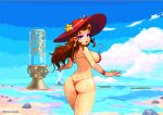  1girl ass beach bikini blue_eyes blue_sky breasts brown_hair butt_crack day dimples_of_venus earrings eyeshadow from_behind hat jewelry large_breasts long_hair looking_back makeup mario_(series) noscium pauline_(mario) pixel_art purple_eyeshadow red_bikini red_headwear sideboob sky solo spaghetti_strap sun_hat super_mario_odyssey swimsuit thick_thighs thighs wardrobe_malfunction wet wristband 