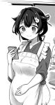  1girl apron breasts cellphone commentary_request greyscale hair_flaps hair_ornament hairclip highres jewelry jingei_(kancolle) kantai_collection kirisawa_juuzou large_breasts long_hair low_ponytail monochrome official_alternate_costume phone pregnant ring solo sweater wedding_band 