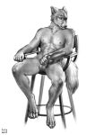  abs animal_genitalia animal_penis anthro athletic athletic_male balls black_and_white canid canine canine_penis canis erection genitals hi_res knot looking_at_viewer lynxwolf2 male mammal monochrome nipples nude pecs penis penis_grab scar simple_background sitting solo white_background wolf 