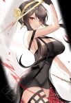  1girl absurdres bangs bare_shoulders black_dress black_gloves black_hair black_legwear breasts cleavage dagger dress fingerless_gloves gloves gold_hairband highres knife large_breasts long_hair looking_at_viewer red_eyes rose_hair_ornament sidelocks solo spy_x_family thighhighs thighs weapon weyas_kayur yor_briar 