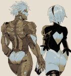  1boy 1girl armor ass back_cutout bodysuit clothing_cutout company_connection crossover facing_away from_behind gloves hairband highleg highleg_leotard highres juliet_sleeves leotard long_sleeves looking_back metal_gear_(series) monochrome nier_(series) nier_automata puffy_sleeves raiden_(metal_gear) short_hair shoulder_blades simple_background sketch skin_tight thighhighs thighs thong_leotard tirtyturtle yorha_no._2_type_b 