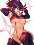  1girl adapted_costume black_hair blue_eyes boots breasts elbow_gloves fumio_(rsqkr) gloves highres kill_la_kill large_breasts matoi_ryuuko midriff multicolored_hair navel red_hair revealing_clothes senketsu shiny shiny_hair shiny_skin short_hair solo streaked_hair suspenders thigh_boots thighhighs thighs two-tone_hair underboob wide_hips 