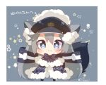  1girl :3 animal_ears artist_name bangs blue_background blue_bow blue_eyes blue_headwear blush border bow bowtie bright_pupils cape capelet character_request chibi closed_mouth coat commentary_request copyright_request dot_nose eyebrows_visible_through_hair full_body fur-trimmed_cape fur-trimmed_coat fur_collar fur_hat fur_trim grey_hair hair_between_eyes hat long_hair looking_at_viewer shirakami_fubuki_(artist) sidelocks signature solo star-shaped_pupils star_(symbol) starry_background symbol-shaped_pupils tail translation_request twintails v-shaped_eyebrows very_long_hair white_border white_pupils 