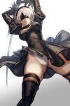  1girl black_blindfold black_dress black_hairband blindfold breasts cleavage cleavage_cutout clothing_cutout crying dress from_below gradient gradient_background hairband highres leotard leotard_under_clothes medium_breasts mole mole_under_mouth nier_(series) nier_automata short_hair solo streaming_tears sword tears thighhighs weapon white_hair white_leotard yorha_no._2_type_b zyunya 