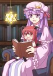  2girls :d absurdres blush book bookshelf chair crescent crescent_hat_ornament feet_out_of_frame hair_ribbon happy hat hat_ornament head_wings highres holding indoors koakuma library long_hair long_sleeves multiple_girls open_book open_mouth patchouli_knowledge piaoluo_de_ying_huaban purple_eyes purple_hair reading red_eyes red_hair ribbon sitting sitting_on_lap sitting_on_person smile touhou wings 