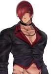  1boy absurdres bangs bara beniazumaru black_choker black_jacket choker closed_mouth cropped_jacket hair_over_one_eye highres jacket jewelry large_pectorals looking_at_viewer male_focus muscular muscular_male necklace one_eye_covered pectoral_cleavage pectorals red_eyes red_hair short_hair solo the_king_of_fighters upper_body yagami_iori 