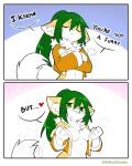  2022 anthro blep breasts comic crossed_arms dialogue domestic_cat english_text felid feline felis female fur green_eyes green_hair hair hi_res kemono mammal sollyz solo sundyz tan_body tan_fur text tongue tongue_out white_body white_fur 