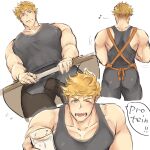  1boy apron ass back bangs bara black_pants black_tank_top blonde_hair blush closed_mouth covered_nipples cup granblue_fantasy green_eyes holding holding_cup large_pectorals looking_at_viewer male_focus multiple_views muscular muscular_male one_eye_closed open_mouth orange_apron pants pectorals sat_0804 short_hair smile solo tank_top undercut vane_(granblue_fantasy) 