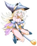  1girl absurdres bangs bare_shoulders between_legs blonde_hair blue_footwear blush_stickers boots breasts cleavage collarbone dark_magician_girl ddari duel_monster green_eyes grey_background hair_between_eyes hand_between_legs hat highres holding large_breasts long_hair off_shoulder pout shiny shiny_clothes simple_background solo wizard_hat yu-gi-oh! 