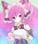  1girl bangs bare_shoulders blue_hair cleo_(dragalia_lost) detached_sleeves dragalia_lost eyebrows_visible_through_hair hair_ornament holding holding_staff long_hair looking_at_viewer multicolored_hair pink_eyes pink_hair sleeveless solo staff suta_(clusta) twintails upper_body 