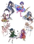  6+girls ;d absurdres animal_ears bangs barefoot bell black_hair blue_dress blue_headwear boots brown_eyes brown_footwear brown_hair brown_legwear calico camouflage camouflage_shirt camouflage_skirt capelet card cat_ears cat_girl closed_mouth dress flat_cap fox_ears full_body geta goutokuji_mike green_eyes green_hair green_shirt green_skirt grey_eyes grey_footwear grey_hair hair_ornament hair_ribbon hat high_heel_boots high_heels highres himemushi_momoyo holding holding_card holding_pickaxe holding_shovel holding_test_tube holding_tripod iizunamaru_megumu japanese_clothes kimono komakusa_sannyo kudamaki_tsukasa long_hair looking_at_viewer magatama magatama_necklace maneki-neko multicolored_clothes multicolored_hair multicolored_hairband multicolored_shirt multicolored_skirt multiple_girls neck_bell omoitukanee one_eye_closed open_mouth patchwork_clothes pickaxe pink_footwear purple_eyes purple_hair purple_skirt red_eyes red_kimono ribbon romper shirt short_hair short_sleeves shoulder_guard shovel sidelocks simple_background skirt smile streaked_hair tamatsukuri_misumaru tengu-geta tenkyuu_chimata test_tube tokin_hat touhou unconnected_marketeers white_background white_capelet white_hair white_legwear white_shirt white_skirt yamashiro_takane yellow_ribbon yellow_shirt 