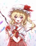  1girl :d apple ascot blonde_hair blush collared_shirt commentary crystal eyebrows_visible_through_hair fangs flandre_scarlet food frilled_shirt_collar frills fruit hair_between_eyes hands_up hat hat_ribbon highres holding holding_food holding_fruit looking_at_viewer medium_hair mob_cap open_mouth puffy_short_sleeves puffy_sleeves red_eyes red_ribbon red_skirt red_vest ribbon shirt shito_neko_(zitonger) short_sleeves side_ponytail signature skirt skirt_set smile solo teeth tongue touhou tsurime upper_body upper_teeth vest white_headwear white_shirt wings wrist_cuffs yellow_ascot 