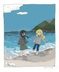  156m 2girls animal_ears barefoot beach black_eyes black_hair blonde_hair blue_eyes blush cat_ears chito_(shoujo_shuumatsu_ryokou) coat dated green_coat grey_sweater highres low_twintails mountain multiple_girls nuko_(shoujo_shuumatsu_ryokou) pants sand shoujo_shuumatsu_ryokou smile sweater twintails water yuuri_(shoujo_shuumatsu_ryokou) 