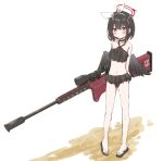  1girl anti-materiel_rifle arms_behind_back black_hair blue_archive collarbone commentary_request full_body gun highres kaki0krnt looking_at_viewer mashiro_(blue_archive) navel purple_eyes rifle sandals scope sniper_rifle solo swimsuit weapon wings 