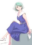  1girl ace_attorney alternate_costume blue_dress character_request check_character dress earrings franziska_von_karma green_eyes green_hair hand_on_own_knee high_heels jewelry mole mole_under_eye simple_background sitting solo twitter_username wakadori white_background 