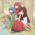  3girls animal_ears bangs blue_eyes blue_hair bow brooch brown_footwear brown_hair cloak closed_mouth dress drill_locks eating eyebrows_visible_through_hair fishing fishing_rod forest full_body grass_root_youkai_network green_kimono hair_bow head_fins imaizumi_kagerou japanese_clothes jewelry kimono long_hair lowres mermaid monster_girl multiple_girls nature outdoors poronegi purple_bow red_dress red_eyes red_hair sekibanki short_hair sitting smile standing sweatdrop touhou tree two-tone_dress v-shaped_eyebrows wakasagihime white_dress wolf_ears 