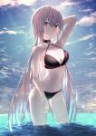  1girl ahoge arm_behind_head arm_up backlighting bangs bare_shoulders bikini black_bikini blue_sky breasts choker cleavage fate/grand_order fate_(series) grey_hair highres jeanne_d&#039;arc_alter_(fate) jeanne_d&#039;arc_alter_(swimsuit_berserker)_(fate) kaze_minoru_so-ru large_breasts long_hair looking_at_viewer navel o-ring o-ring_bikini ocean sky solo swimsuit thighs very_long_hair wading wet yellow_eyes 