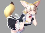  1girl alternate_costume animal_ear_fluff animal_ears apron bangs bent_over black_dress black_hair blonde_hair blurry blurry_background blush breasts brown_eyes cleavage deku_suke detached_collar dress earrings elbow_rest enmaided extra_ears fennec_(kemono_friends) fox_ears fox_girl fox_tail frilled_apron frilled_gloves frills gloves grey_background grin hair_between_eyes half-closed_eyes hand_on_own_cheek hand_on_own_face head_rest highres jewelry kemono_friends looking_at_viewer maid maid_apron maid_headdress medium_breasts multicolored_hair puffy_short_sleeves puffy_sleeves short_sleeves simple_background smile smirk smug solo spoon stud_earrings tail thighhighs waist_apron white_gloves white_hair white_legwear zettai_ryouiki 