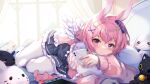  1girl animal_ears artist_request bed bow cellphone curtains doll hair_between_eyes hair_ornament highres indie_virtual_youtuber iphone_11_pro long_sleeves nintendo_switch pantyhose phone pink_eyes pink_hair rabbit_ears short_hair smartphone usagi_kira wings 