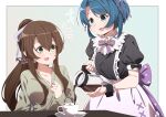  2girls :d aizawa_kazuha alternate_costume apron aqua_background aqua_eyes assault_lily back_bow bangs black_shirt blue_hair blush border bow breasts brown_hair buttons cleavage coffee coffee_pot collarbone commentary_request commission cosplay cup enmaided eyebrows_visible_through_hair frilled_apron frilled_shirt_collar frills gradient gradient_background green_eyes green_sweater grey_bow hair_between_eyes hair_bow hair_ornament hair_ribbon hand_up hands_up highres holding holding_pot large_breasts long_hair long_sleeves looking_at_another looking_away looking_down maid miriam_hildegard_von_gropius miriam_hildegard_von_gropius_(cosplay) multiple_girls napkin neck_ribbon notice_lines open_mouth outline outside_border ponytail pot pouring precision print_bow puffy_short_sleeves puffy_sleeves purple_bow purple_ribbon ribbon saucer serizawa_chikaru shirt short_hair short_sleeves sidelocks sitting skeb_commission sleeves_past_wrists smile spoon star_(symbol) star_print sweater swept_bangs table teacup white_apron white_border white_outline wrist_cuffs x_hair_ornament 
