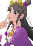  1girl ace_attorney bangs black_hair blunt_bangs eyebrows_visible_through_hair finger_to_cheek hair_bobbles hair_ornament half_updo hand_up jewelry long_hair long_sleeves magatama magatama_necklace maya_fey necklace purple_eyes sidelocks solo tiara twitter_username upper_body wakadori 