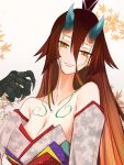  1girl absurdres bare_shoulders breasts brown_hair claws cleavage collarbone detached_sleeves fate/grand_order fate/requiem fate_(series) gradient_hair grin hair_between_eyes highres horns japanese_clothes kijo_kouyou_(fate) kimono large_breasts leaf long_hair looking_at_viewer maple_leaf multicolored_hair numajiyo orange_hair ponytail sash sleeveless sleeveless_kimono slit_pupils smile solo very_long_hair white_background white_kimono wide_sleeves yellow_eyes 