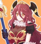  1girl bangs breasts dragalia_lost eyebrows_visible_through_hair fang hair_between_eyes holding holding_polearm holding_weapon horns large_breasts long_hair looking_at_viewer mym_(dragalia_lost) polearm puffy_short_sleeves puffy_sleeves red_hair short_sleeves skin_fang smile solo suta_(clusta) upper_body weapon yellow_eyes 