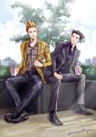  2boys ace_attorney beard belt black_footwear black_shirt cup day disposable_cup facial_hair formal jacket larry_butz male_focus multiple_boys outdoors phoenix_wright shirt sitting spiked_hair suit tree twitter_username wakadori yellow_jacket 