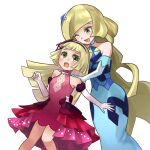  2girls ;d alternate_costume bangs bare_shoulders blonde_hair blue_dress blush commentary_request dress elbow_gloves eyelashes gloves green_eyes hair_ornament hairband hands_on_another&#039;s_shoulders highres lillie_(pokemon) long_hair lusamine_(pokemon) mother_and_daughter multiple_girls ni-jo official_alternate_costume one_eye_closed open_mouth pink_dress pokemon pokemon_(game) pokemon_masters_ex smile teeth tongue upper_teeth white_gloves 