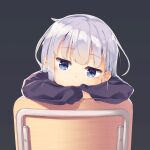  1girl aharen-san_wa_hakarenai aharen_reina bangs black_sweater blue_eyes blush chair coffeiz_p eyebrows_visible_through_hair grey_background grey_hair long_hair long_sleeves looking_at_viewer outline shiny shiny_hair simple_background solo sweater symbol-only_commentary 